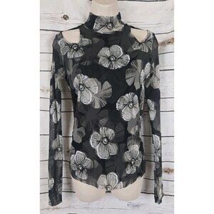 Fuzzi Jean Paul Gaultier Floral Mesh Top L Black Cut Outs Mock Neck Long Sleeve